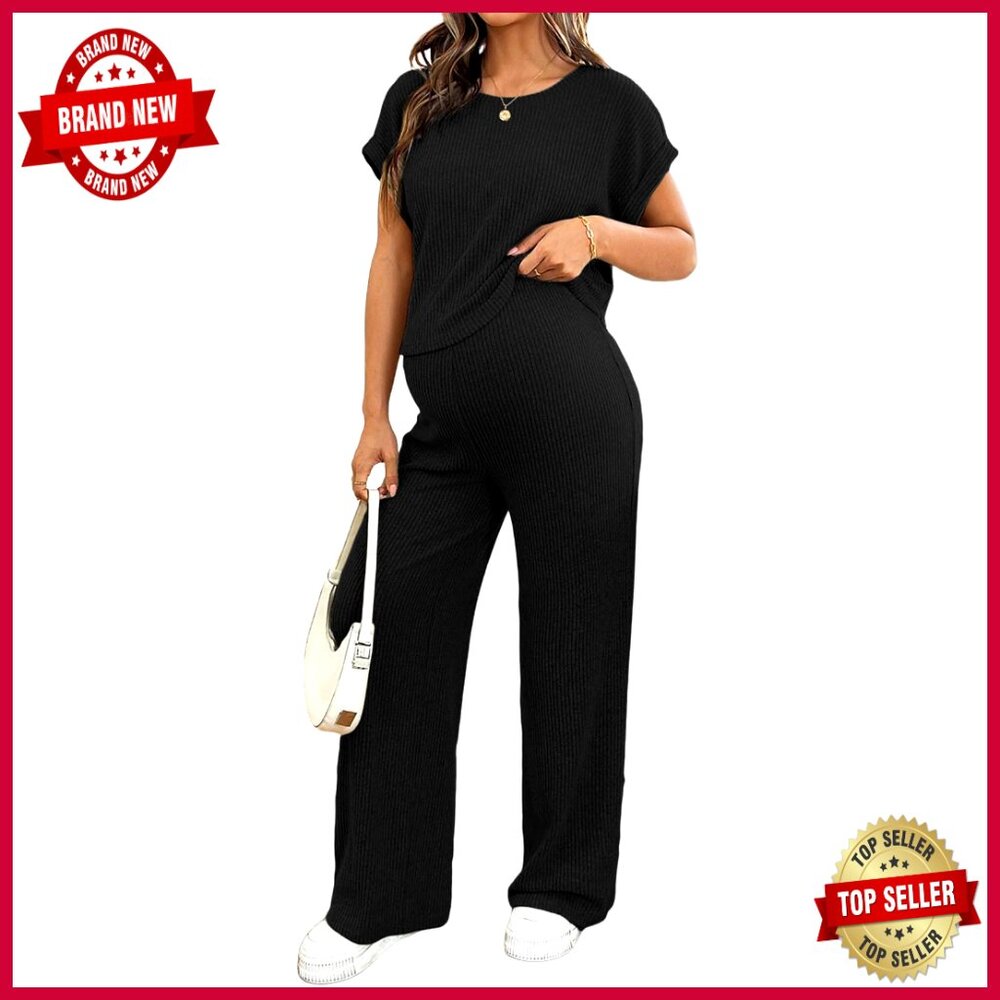 Maternity Pajama Set Ribbed Short Sleeve Lounge Wear 2 Piece Matching Outfit